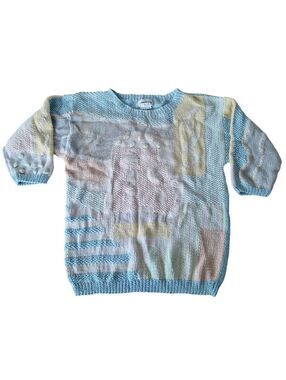 Jennifer Reed Knitted by Hand Sweater Pastel Patchwork Cotton Ramie Size S